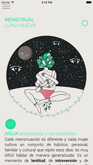 il·lustració sobre fons blanc sobre la lluna nova, amb un cercle on hi ha una dona asseguda al terra blanc i cel negre amb estels, planetes i ulls. la dona està nua amb molts braços i bragues rosa i cap de una planta verda. dona seguretat 