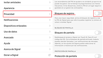preferencias de signal donde se activa el bloqueo: privacidad/bloqueo de registro